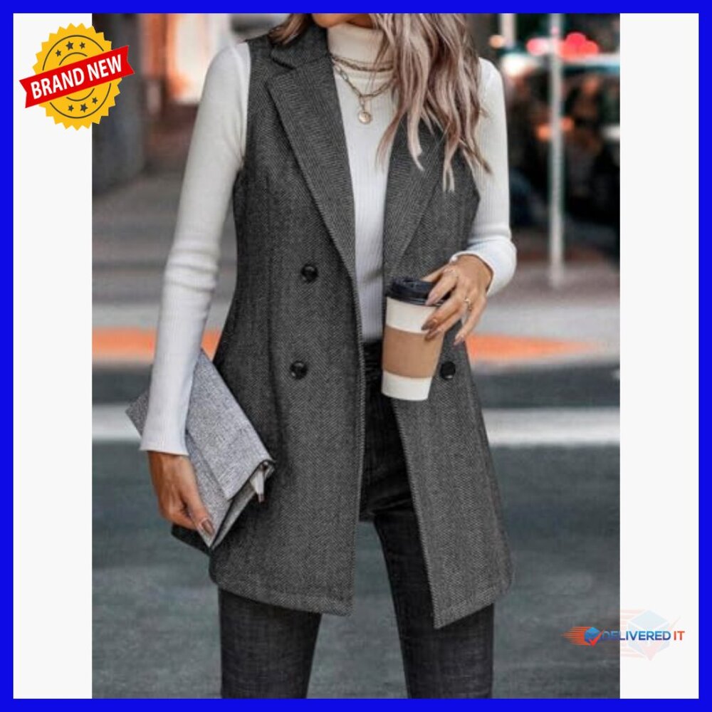 Long Sleeveless Tweed Vest Blazer Women's Wool Blend Double Breasted - Picture 5 of 5